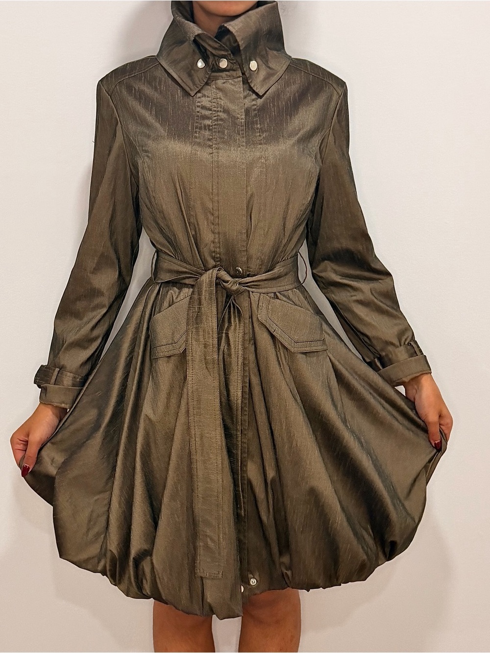 Samuel Dong Metallic Bubble Hem Trench Coat Dress Belted Statement Jacket